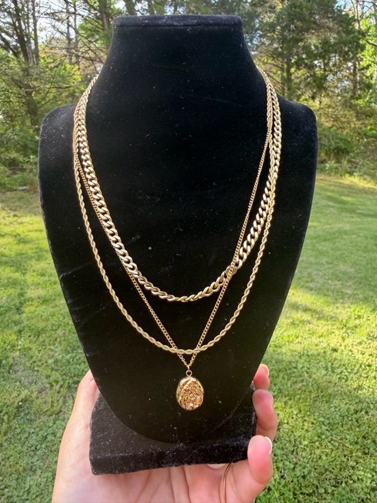 Victoria Emerson Jewelry - Victoria Emerson Layered Gold Tone Multi-Chain Necklace with Locket Pendant